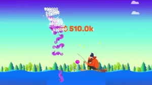 The player's bobber floats in a small pond surrounded by grass and lily pads as they try to catch a fish.